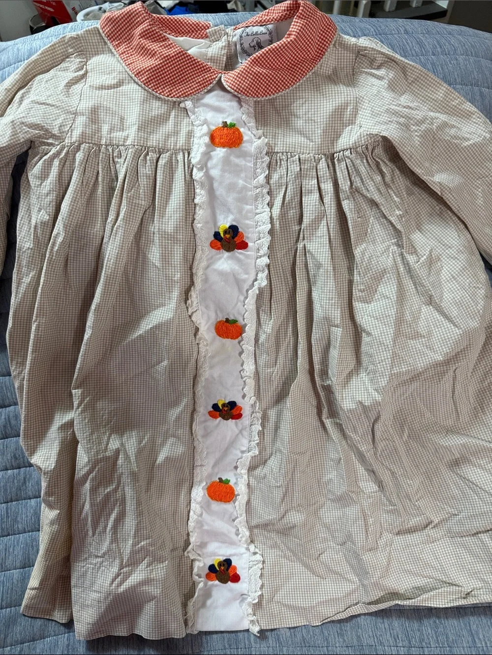 Hand-Smocked Pumpkin Embroidered Cotton Kids Dress - Orange Collar